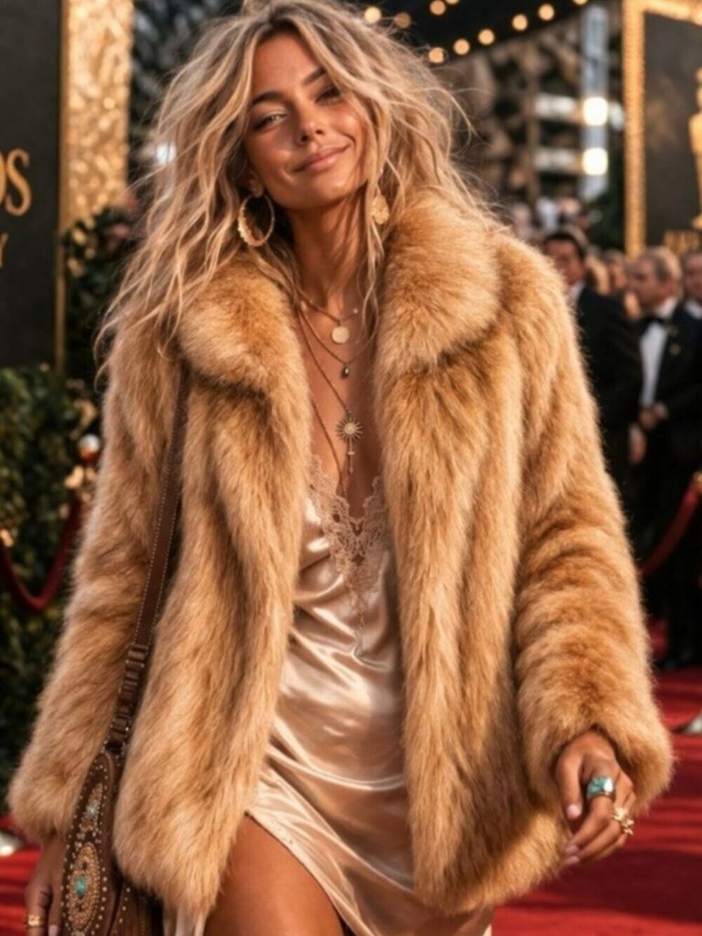 Genuine Dyed Camel Strip Fox Fur Leather Inlay Jacket S/M